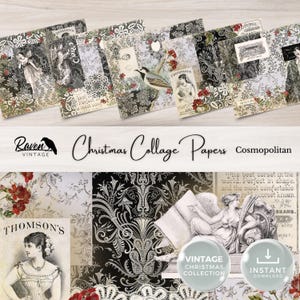 "Weihnachtsseiten Collage ""Cosmopolitan"", Junk Journal Printable, 5 Digitale Papiere, Papier Handwerk Collage Sheet, 11 x 8.5, Vintage, Schwarz, Weiß."