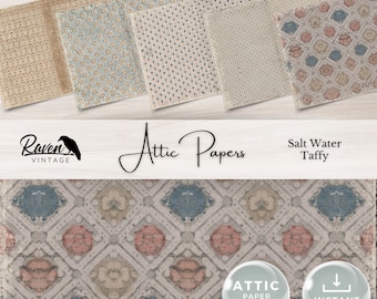 Op de afbeelding: Een set van vier digitale papierpatronen met vintage bloemmotieven in tinten blauw, roze en beige. De patronen zijn gelabeld met "Attic Papers" en "Salt Water Taffy".
