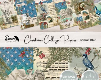 May include: A digital collage sheet featuring a vintage Christmas theme with blue jays, sheet music, and a winter scene. The sheet is titled "Christmas Collage Papers" and "Bonnie Blue".