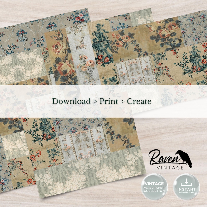 WALLPAPER SAMPLER - Rococo Summer, Sample Set, Collage, Junk Journal Printable, Blue, Grey, 5 JPGs, Digital, Grunge, Vintage, 8.5 x 11
