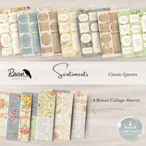 Può includere: Un set di fogli di collage digitali stampabili con motivi floreali vintage e citazioni classiche. I fogli sono in tonalità di blu, verde e giallo con un design floreale. Il testo sui fogli include citazioni come "Le cose migliori e più belle del mondo non possono essere viste o nemmeno toccate - devono essere sentite con il cuore." e "L'unico modo per fare un grande lavoro è amare ciò che fai." Il set include 4 fogli di collage bonus.