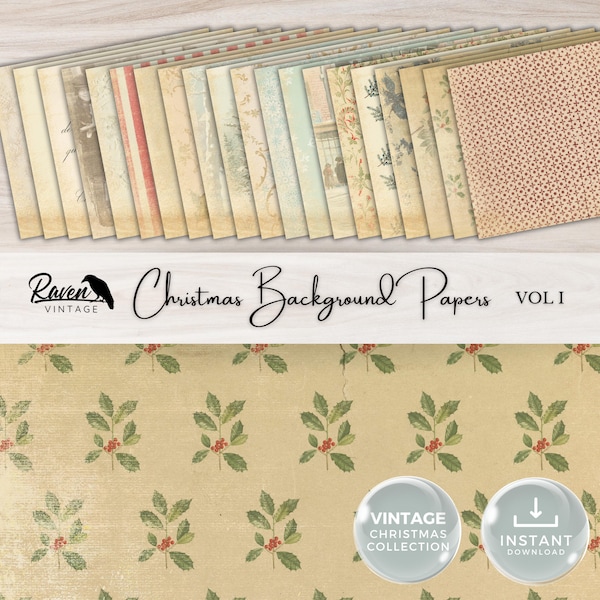 Christmas Background Papers - Junk Journal Printable:  Vintage, Distressed, Faded, Neutrals, Patterns, Landscapes, Florals