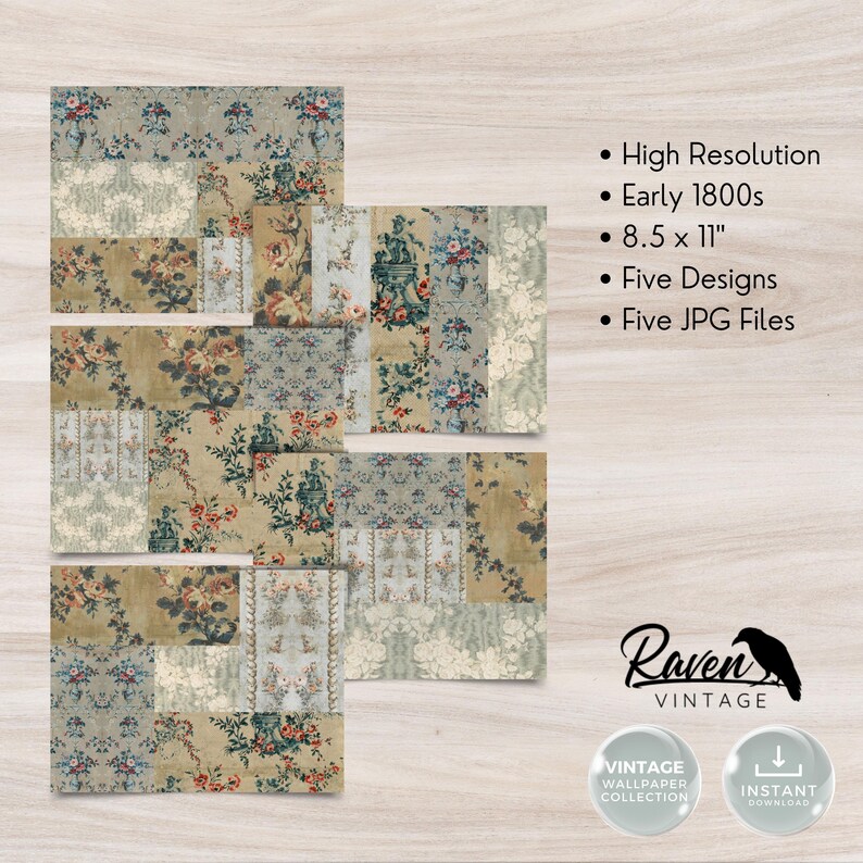 WALLPAPER SAMPLER - Rococo Summer, Sample Set, Collage, Junk Journal Printable, Blue, Grey, 5 JPGs, Digital, Grunge, Vintage, 8.5 x 11