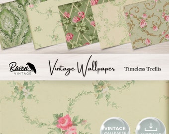 May include: A digital download of four vintage wallpaper patterns featuring floral designs in shades of green, pink, and cream. The patterns include a trellis design, a floral vine design, and a damask design. The text "Vintage Wallpaper Timeless Trellis" is displayed at the top of the image.