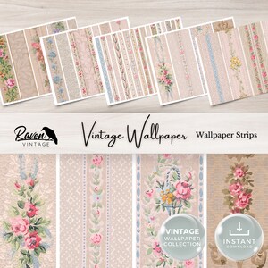 Wallpaper Strips Vintage Wallpaper Digital Kit for Junk Journal Printable Ephemera Paper Shabby Chic Floral Collage Printable Download