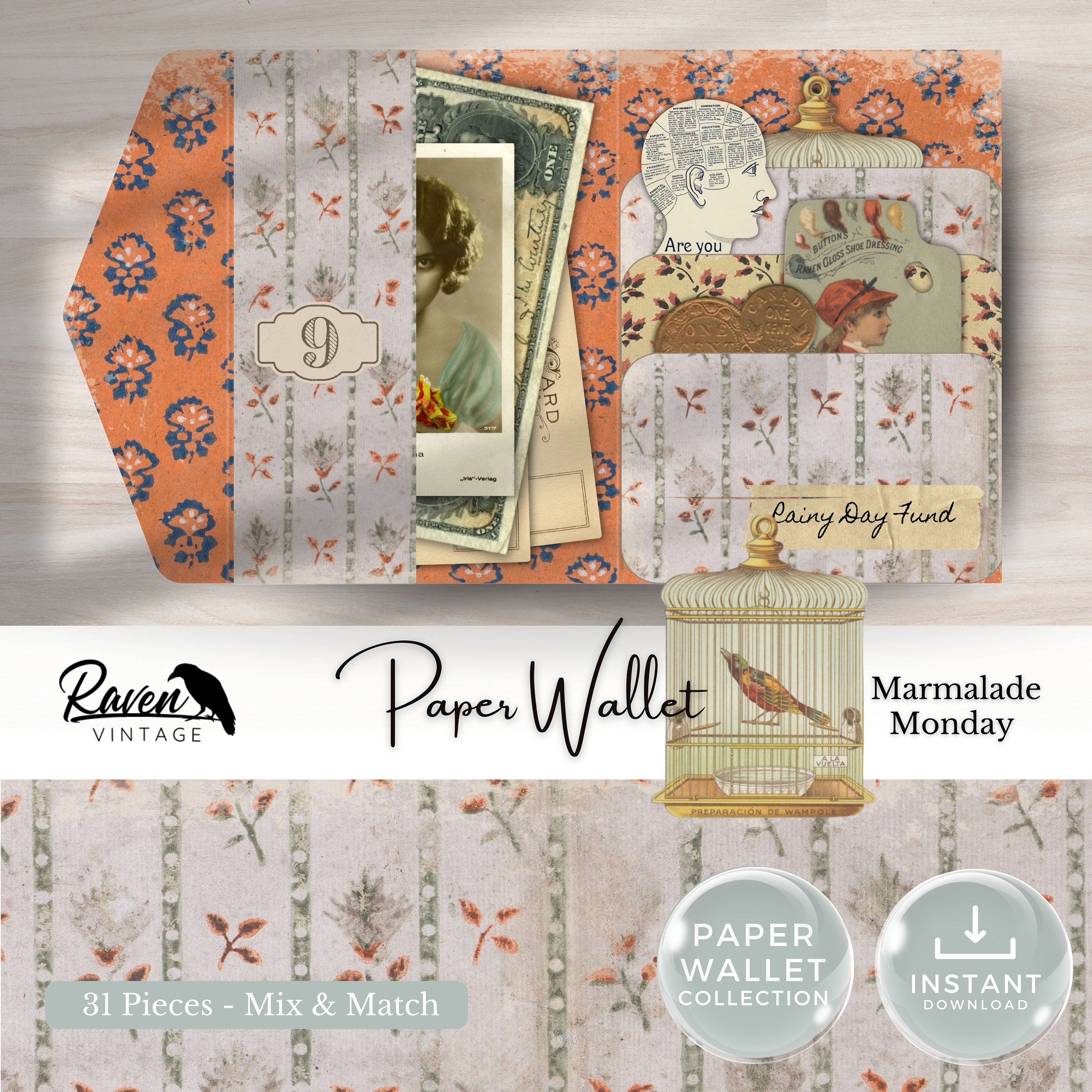 ペーパーウォレット - マーマレードマンデー - 1800年代初頭、印刷可能なペーパークラフトキット、本物のヴィンテージデザイン