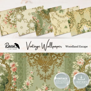 Wald entkommen Vintage Tapete Digital Kit für Junk Journal Printable Ephemera Papier Shabby Chic Floral Collage Printable Download