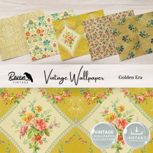 Golden Era Vintage Wallpaper Digital Kit for Junk Journal Printable Ephemera Paper Shabby Chic Floral Collage Printable Download