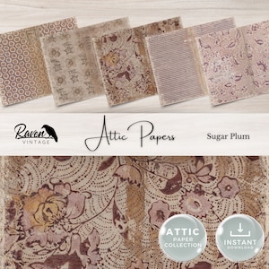 Op de afbeelding: Een set van zes digitale papierontwerpen in vintage stijl met bloemmotieven, geometrische patronen en strepen. De papieren zijn in tinten bruin, roze en wit. De tekst "Attic Papers" en "Sugar Plum" is zichtbaar in de afbeelding.
