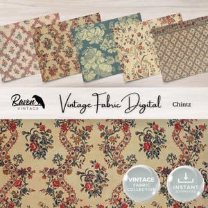 Vintage Fabric Digital - Chintz, Junk Journal Printable, 5 JPGs, Authentic Antique Textile Designs, Sepia, Blue, Pink, Florals, 8.5 x 11