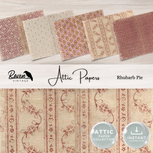Puede incluir: Un conjunto de cinco patrones de papel digital de estilo vintage con un esquema de color rojo y crema. Los patrones incluyen un diseño floral, un diseño geométrico, un diseño de lunares, un diseño a rayas y un diseño texturizado. Los papeles están etiquetados como "Attic Papers" y "Rhubarb Pie".