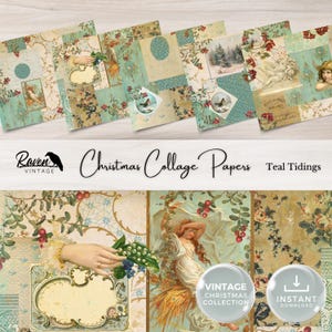"Weihnachtsseiten Collage ""Teal Tidings"", Junk Journal Printable, 5 Digitale Papiere, Papiermodell, Collage Sheet, Engel Motiv, Distressed Style."