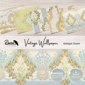 Kit digital de papel tapiz vintage azul antiguo para diario basura, papel efímero imprimible, collage floral Shabby Chic, descarga imprimible