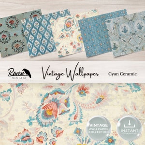 Cyan Ceramic Vintage Wallpaper Digital Kit for Junk Journal Printable Ephemera Paper Shabby Chic Floral Collage Printable Download