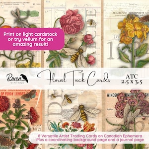 Cartes florales et paquet imprimable vintage d'éphémères, cartes de journalisation, éphémères canadiennes, page de journal ligné, page de motif, abeilles, ATC