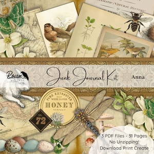 Anna - Junk Journal Afdrukbaar, GROTE DIGITALE KIT, natuurthema, gelinieerd papier, collages, kortstondige, bruine, groene neutrale tinten, 31 pagina's