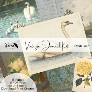 Kit de material efímero imprimible para diario basura de Swan Lake para descargar diario hecho a mano Papelería azul de Swans Estilo vintage Rosa amarilla Foto antigua