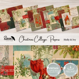 Pagine di collage natalizie "Holly & Ivy", stampabili per Junk Journal, 5 fogli digitali, carta da disegno, foglio per collage, 11 x 8,5, vintage, rosso, verde