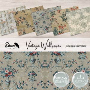 Rococo zomer vintage behang digitale kit voor ongewenste tijdschrift afdrukbaar kortstondig papier shabby chic bloemencollage download afdrukbare pagina&#39;s