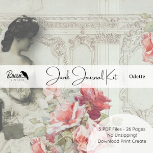 Odette - afdrukbaar junkjournaal, GROTE DIGITALE KIT, elegant, shabby chic, roze, neutraal papier, collage, efemere verschijnselen, omslag, 26 pagina's