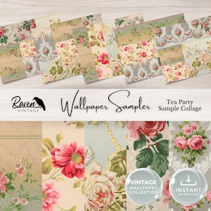 CAMPIONATORE Tea Party Vintage Wallpaper Digital Kit per Junk Journal Stampabile Ephemera Carta Shabby Chic Floral Collage Stampabile Scarica