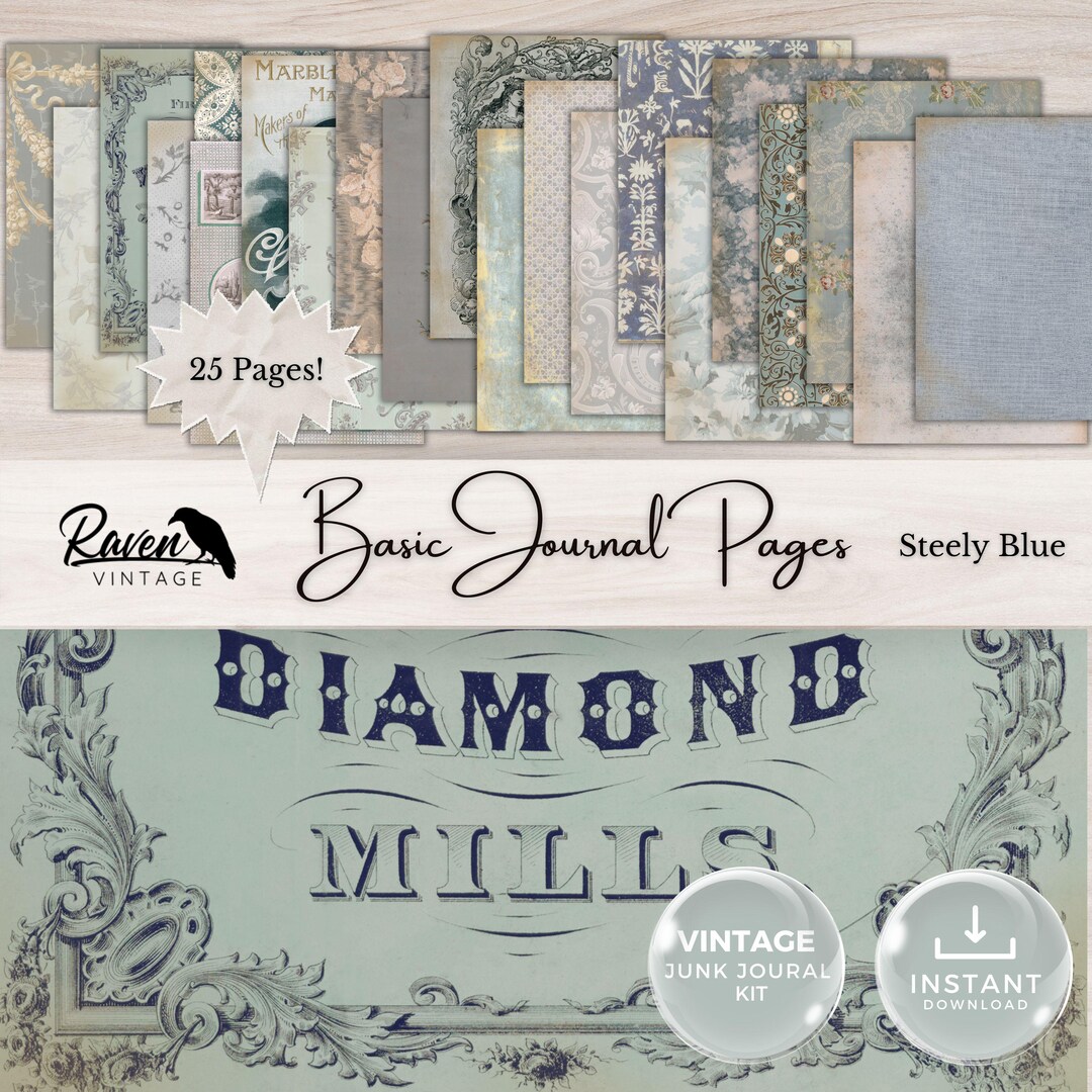 Basic Journal Pages – Steely Blue: Vintage Junk Journal Printable Kit ...