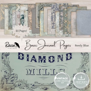 Basic Journal Seiten - Stahlig Blau Digital Kit für Junk Journal Printable Ephemera Papier Shabby Floral Printable Download Vintage Tapete