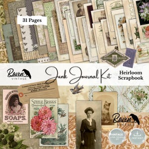 May include: A collection of 31 pages for a junk journal kit featuring vintage-style scrapbook elements. The set includes aged paper textures, botanical illustrations, historical photographs, floral patterns, and antique labels with text.