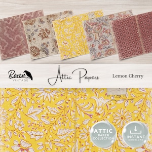 Op de afbeelding: Een verzameling vintage papieren met diverse patronen en kleuren. De papieren bevatten bloemen-, paisley- en geometrische ontwerpen in tinten geel, rood en crème. De tekst "Attic Papers" en "Lemon Cherry" zijn zichtbaar.