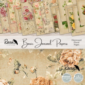 Pages de journal basiques - Kit numérique de motifs floraux en détresse pour journal indésirable, papier éphémère imprimable, papier peint vintage imprimable floral minable