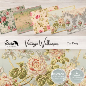 Tea Party Vintage Wallpaper Digital Kit for Junk Journal Printable Ephemera Paper Shabby Chic Floral Collage Printable Download