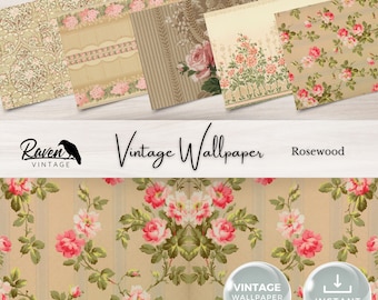 Può includere: Un download digitale di motivi di carta da parati vintage con disegni floreali in tonalità di rosa, verde e marrone. I motivi sono etichettati come "Vintage Wallpaper" e "Rosewood".