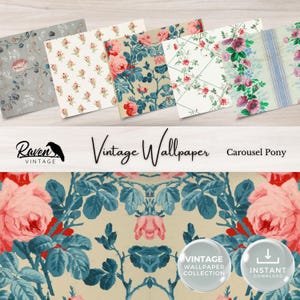 Carousel Pony Vintage Wallpaper Digital Kit for Junk Journal Printable Ephemera Paper Shabby Chic Floral Collage Printable Download