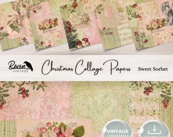 May include: A digital collage sheet with a Christmas theme. The sheet features a variety of images, including flowers, berries, and a vintage-style design. The sheet is perfect for scrapbooking, card making, and other craft projects.