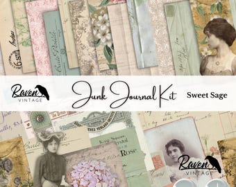May include: A collection of vintage-style paper ephemera, including envelopes, floral prints, and aged photographs. The text "Junk Journal Kit Sweet Sage" is displayed. The Raven Vintage logo is also visible.