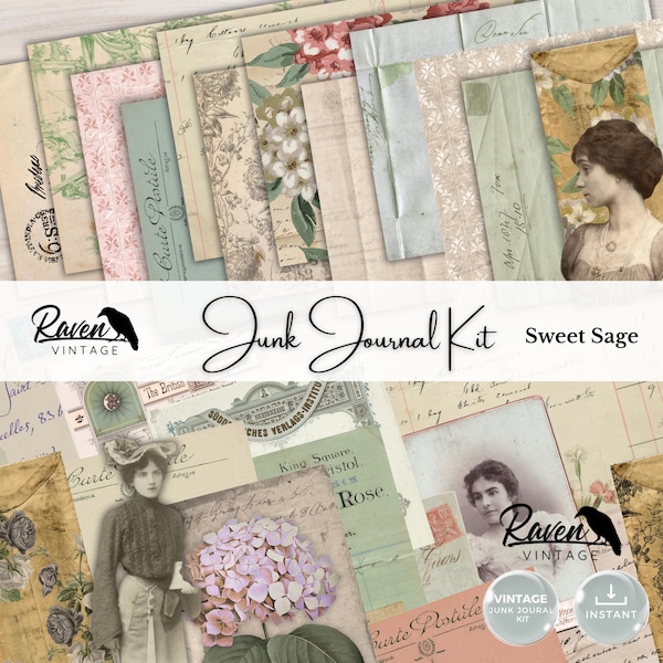 Sweet Sage  - Junk Journal Kit Printable Vintage Papers and Ephemera Postcards & Ephemera