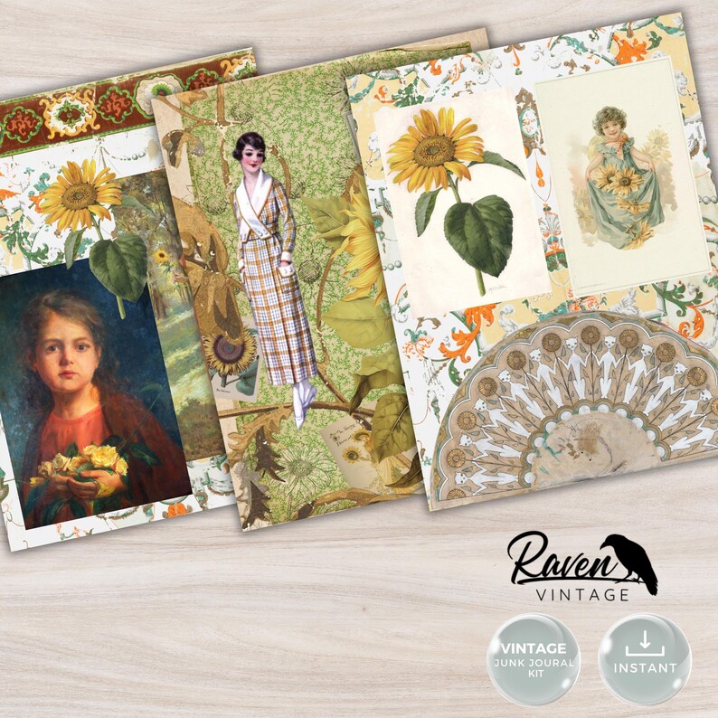 Sunflower - Junk Journal Kit Printable Vintage Papers and Ephemera - Etsy