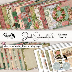 May include: A junk journal kit featuring floral and botanical designs. The kit includes patterned papers with roses, birds, and vintage ephemera, plus coordinating lined writing paper. The Raven Vintage logo and "Junk Journal Kit" are visible.