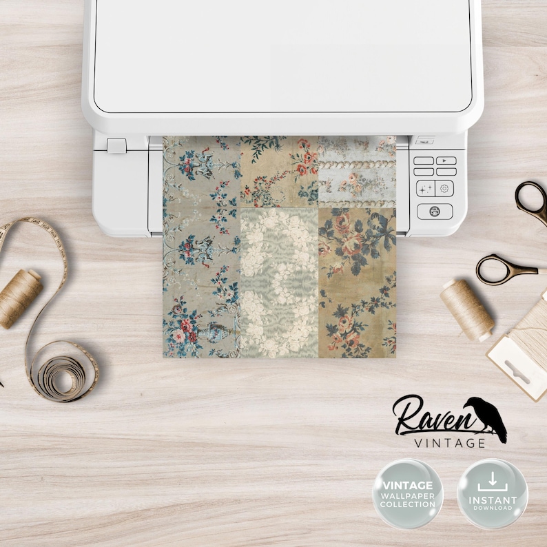 WALLPAPER SAMPLER - Rococo Summer, Sample Set, Collage, Junk Journal Printable, Blue, Grey, 5 JPGs, Digital, Grunge, Vintage, 8.5 x 11