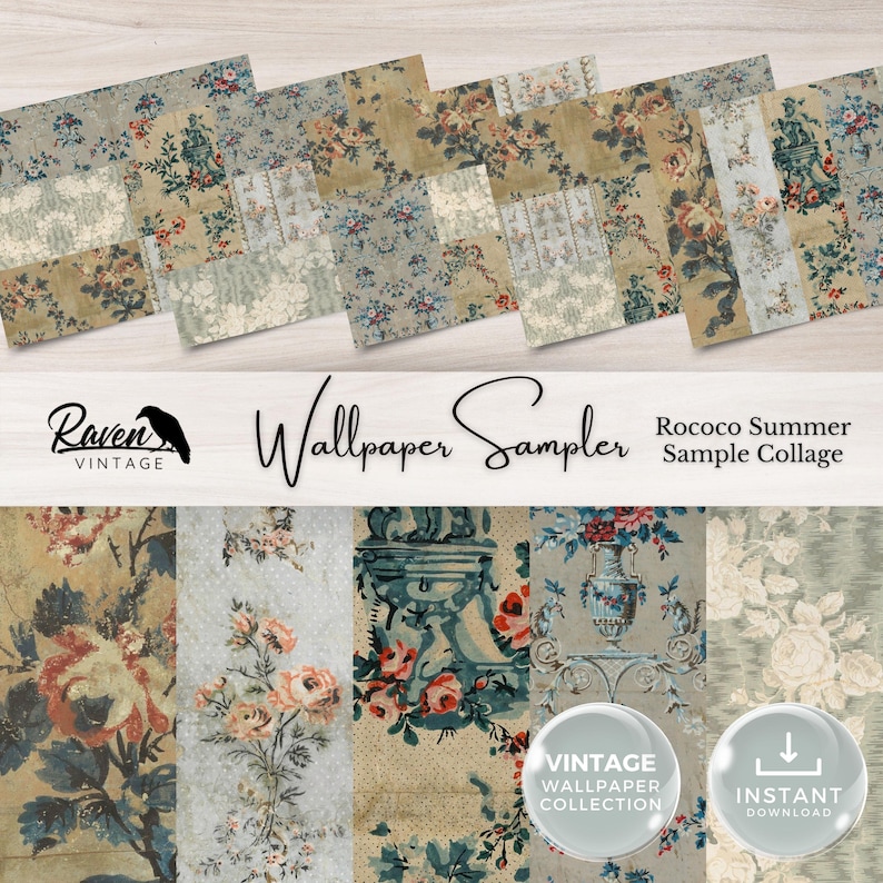 WALLPAPER SAMPLER - Rococo Summer, Sample Set, Collage, Junk Journal Printable, Blue, Grey, 5 JPGs, Digital, Grunge, Vintage, 8.5 x 11