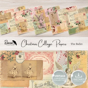 "Weihnachtsseiten Collage ""The Ballet"", Junk Journal Printable, 5 Digitale Papiere, Papiermodelle, Collage Sheet, 11 x 8.5, Vintage Holiday, Rosa."