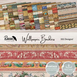 Papel de parede com borda Kit digital de papel de parede vintage para diário de lixo Papel de efêmera para impressão Colagem floral chique e surrada para download