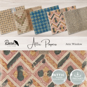 Puede incluir: Una descarga digital de cinco papeles estampados vintage, con diseños geométricos en tonos azules, amarillos, rosas y verdes. Los papeles están etiquetados como "Attic Papers" y "Attic Window".