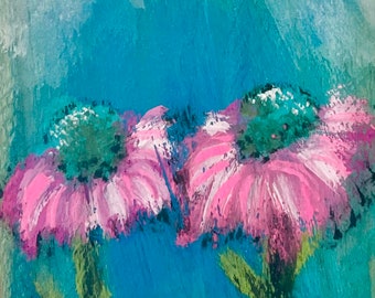 May include: Two pink flowers with white centers against a blue background. The flowers are painted in a loose, impressionistic style.