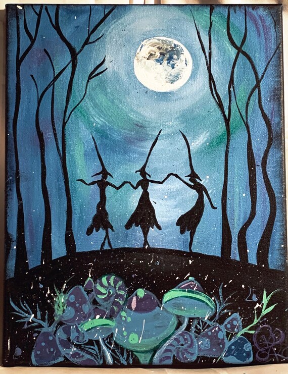 Dancing Witches Original Acrylic Painting Halloween Decor Fall Bedroom Bathroom Creepy Cute Party Witches 11x14 Unframed Canvas Home