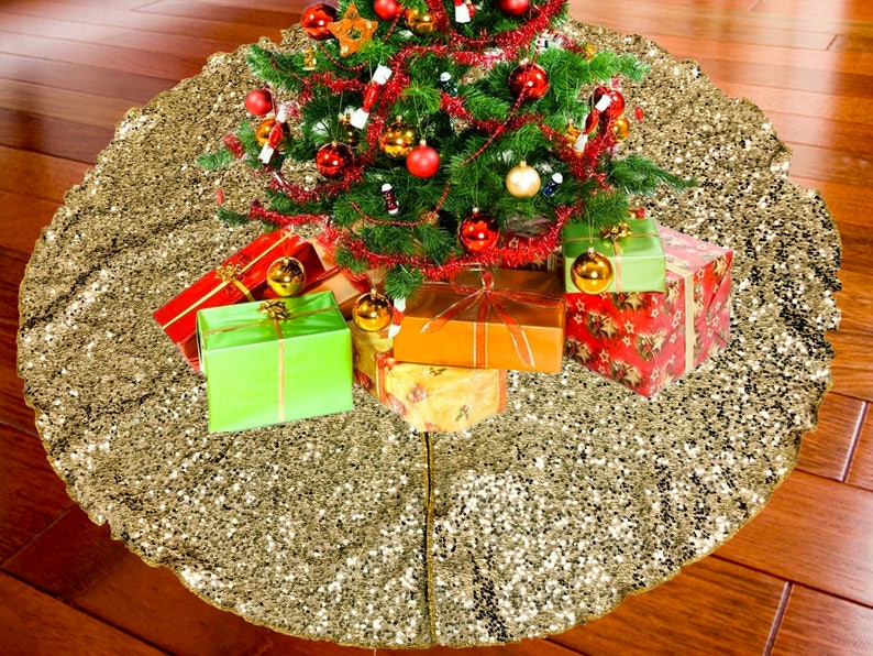 Sparkly Glittery Sequin Xmas Tree Skirt Made In USA 52 GOLD Christmas Sequin Tree Skirt