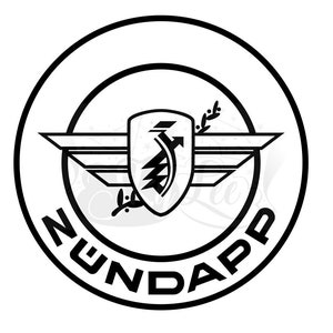 Op de afbeelding: Zwart-wit logo met de tekst "NUNDAPP". Het logo toont een schild met een pijl- en vleugelontwerp, omgeven door een cirkel.