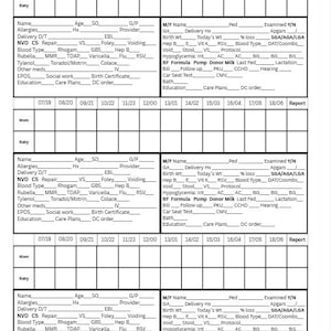 May include: A medical chart with multiple sections for recording patient information, including sections for the mother and baby, with fields for name, allergies, delivery details, and medical history. The chart is designed for tracking health data.
