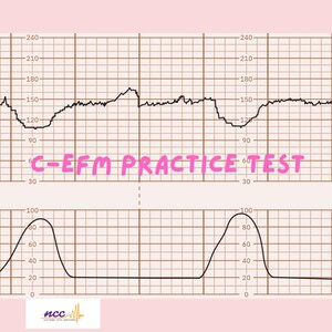 May include: A medical chart with two graphs, one above the other. The top graph shows a fluctuating line with numbers from 30 to 240. The text "C-EFM PRACTICE TEST" is written across the top graph. The bottom graph shows a wave-like pattern.