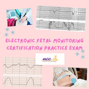 Pode incluir: Um gráfico rosa com o texto "EXAME PRÁTICO DE CERTIFICAÇÃO DE MONITORIZAÇÃO FETAL ELETRÓNICA". A imagem inclui gráficos médicos, um logótipo e uma pessoa com equipamento de monitorização.